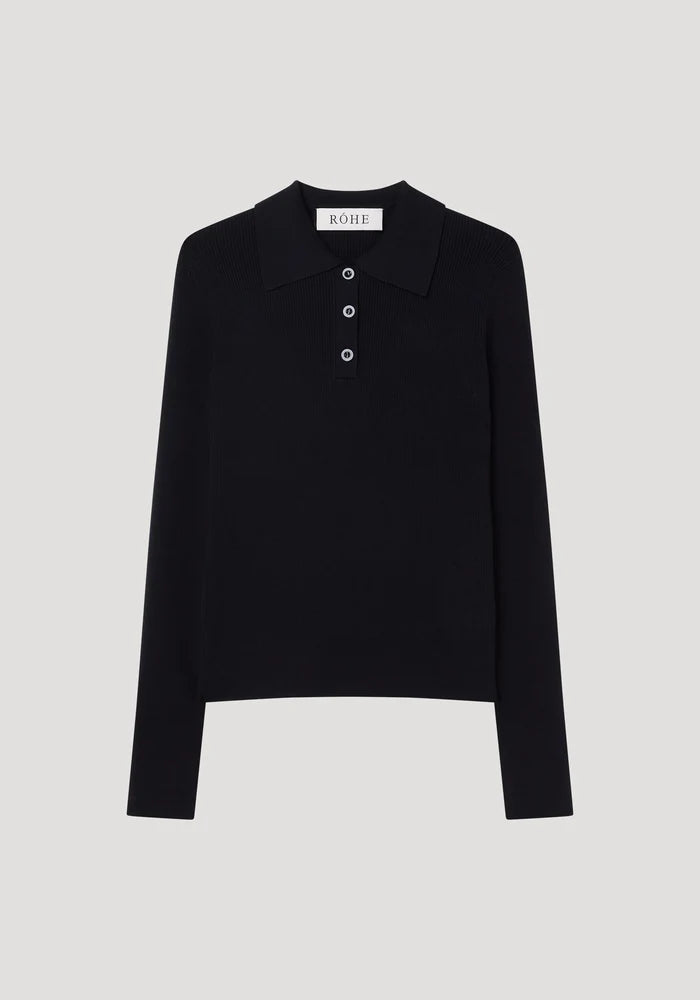 RIB KNITTED LONG SLEEVE POLO BLACK - ROHE