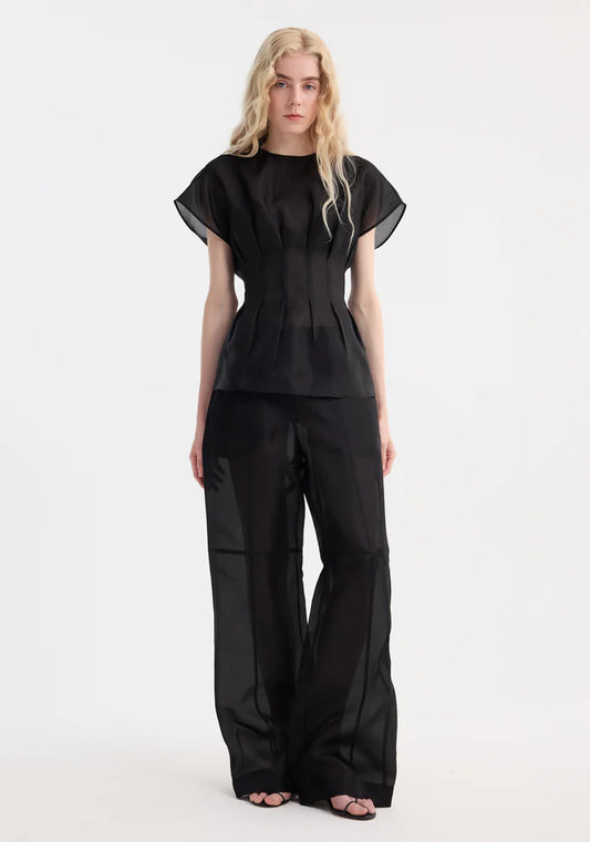 Pleated Waistline Organza Silk Top in Black