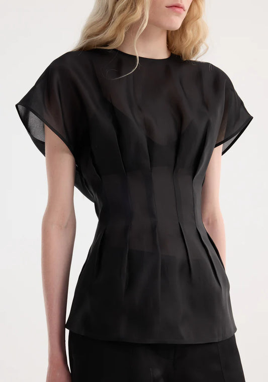 Pleated Waistline Organza Silk Top in Black