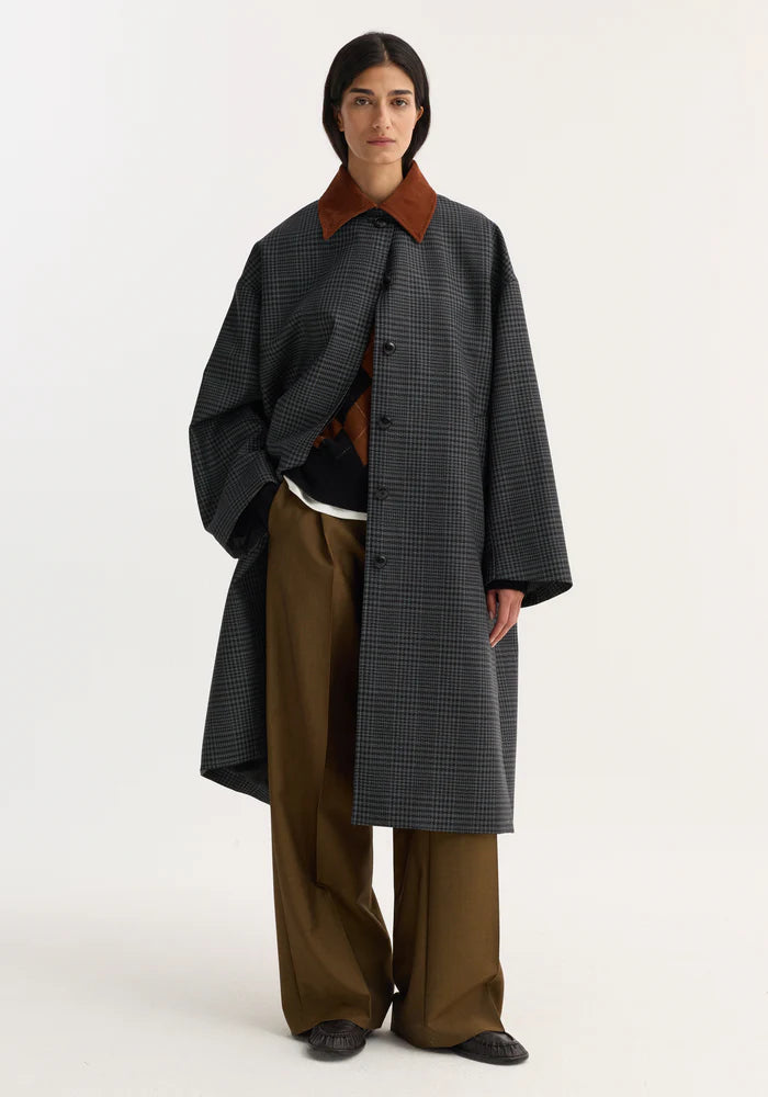 Suede Collar Check Coat in Black/Grey