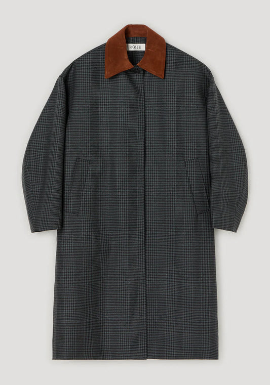 Suede Collar Check Coat in Black/Grey