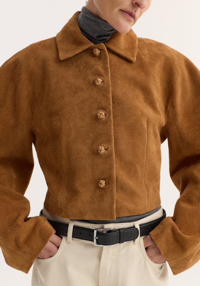 Rounded Textured Suede Jacket in Cognac