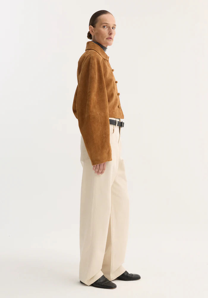 Rounded Textured Suede Jacket in Cognac