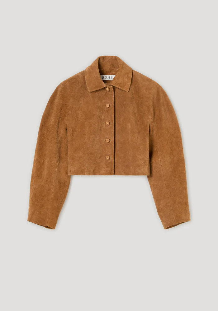 Rounded Textured Suede Jacket in Cognac