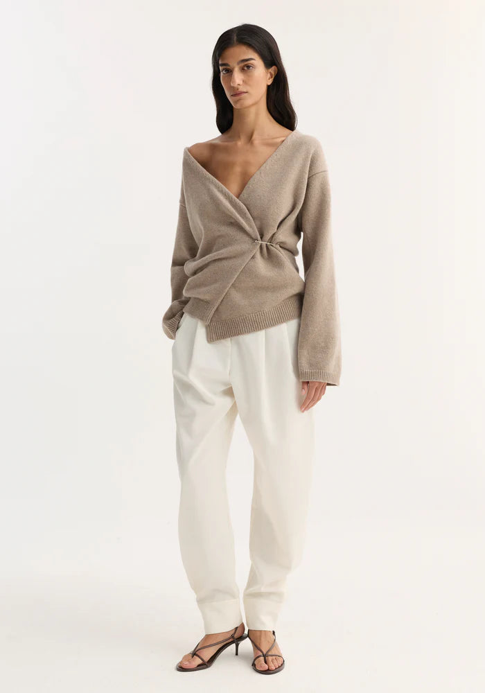 Off-Shoulder Wrap Cardigan in Light Taupe