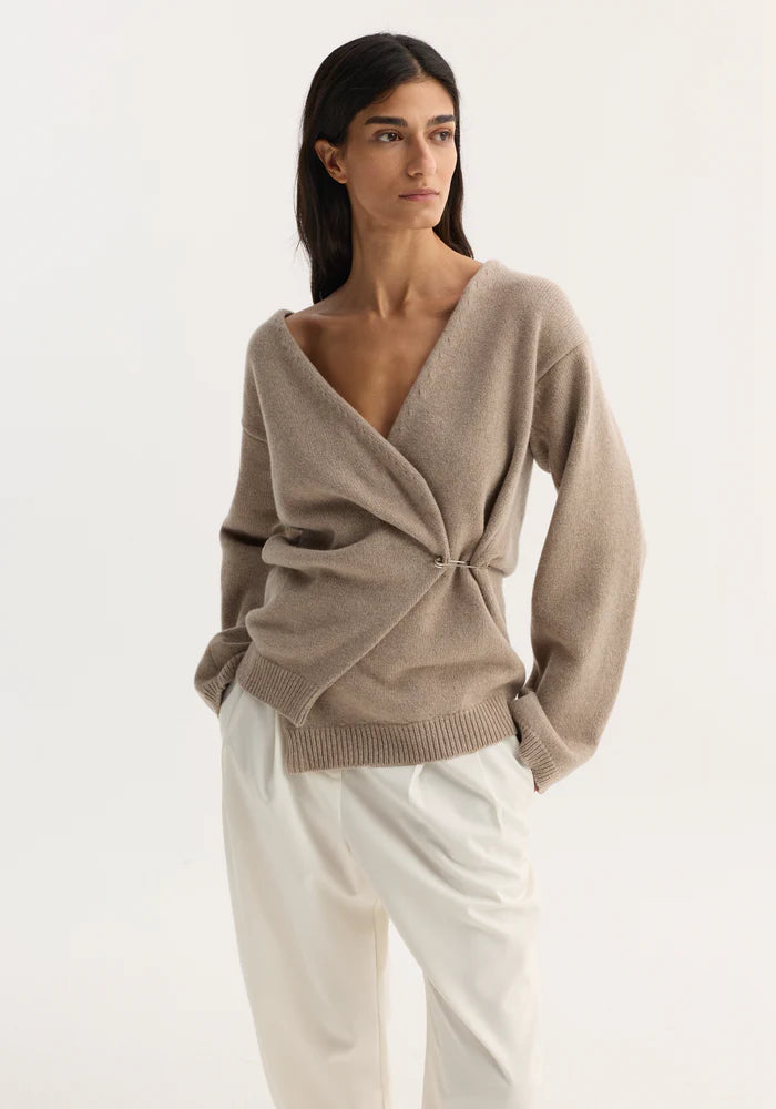 Off-Shoulder Wrap Cardigan in Light Taupe