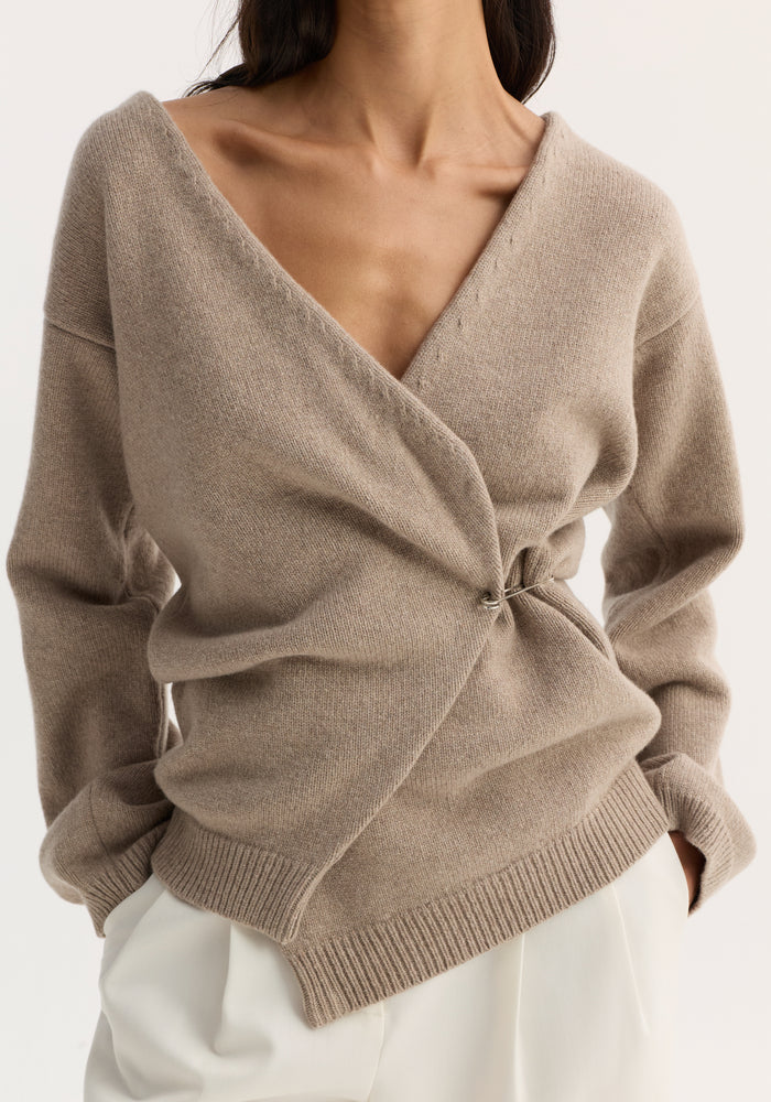 Off-Shoulder Wrap Cardigan in Light Taupe