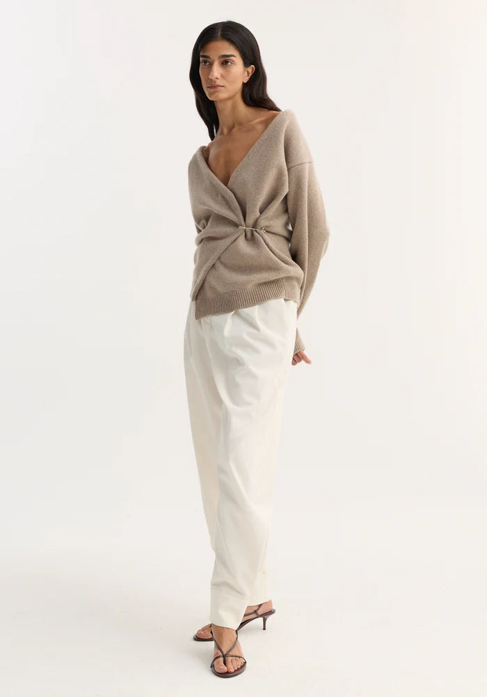 Off-Shoulder Wrap Cardigan in Light Taupe