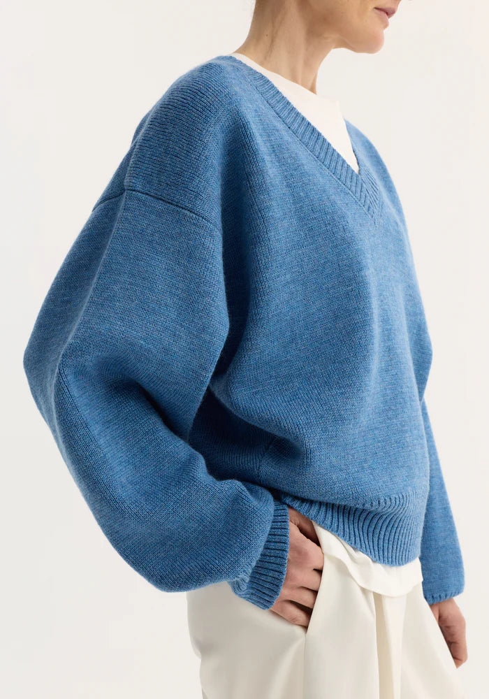 V-Neck Knitted Jumper in Denim Blue Melange