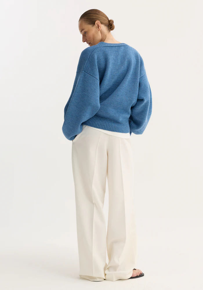 V-Neck Knitted Jumper in Denim Blue Melange