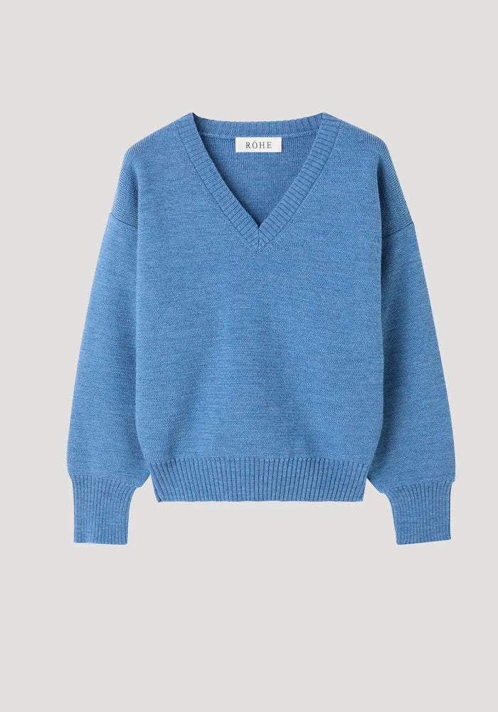 V-Neck Knitted Jumper in Denim Blue Melange