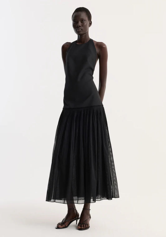 Pleated Muslin Halter Dress in Black