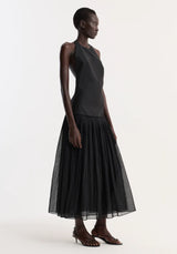 Pleated Muslin Halter Dress in Black