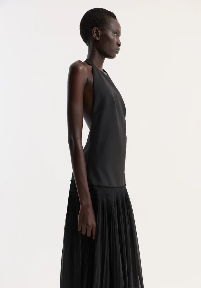 Pleated Muslin Halter Dress in Black