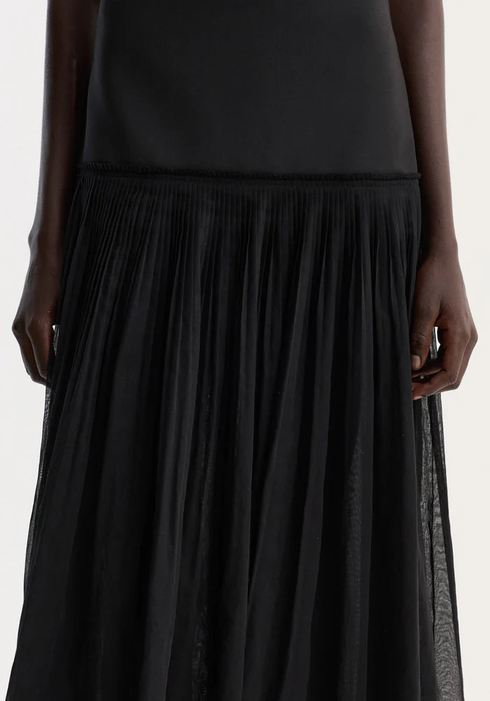 Pleated Muslin Halter Dress in Black