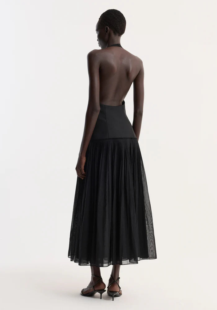 Pleated Muslin Halter Dress in Black