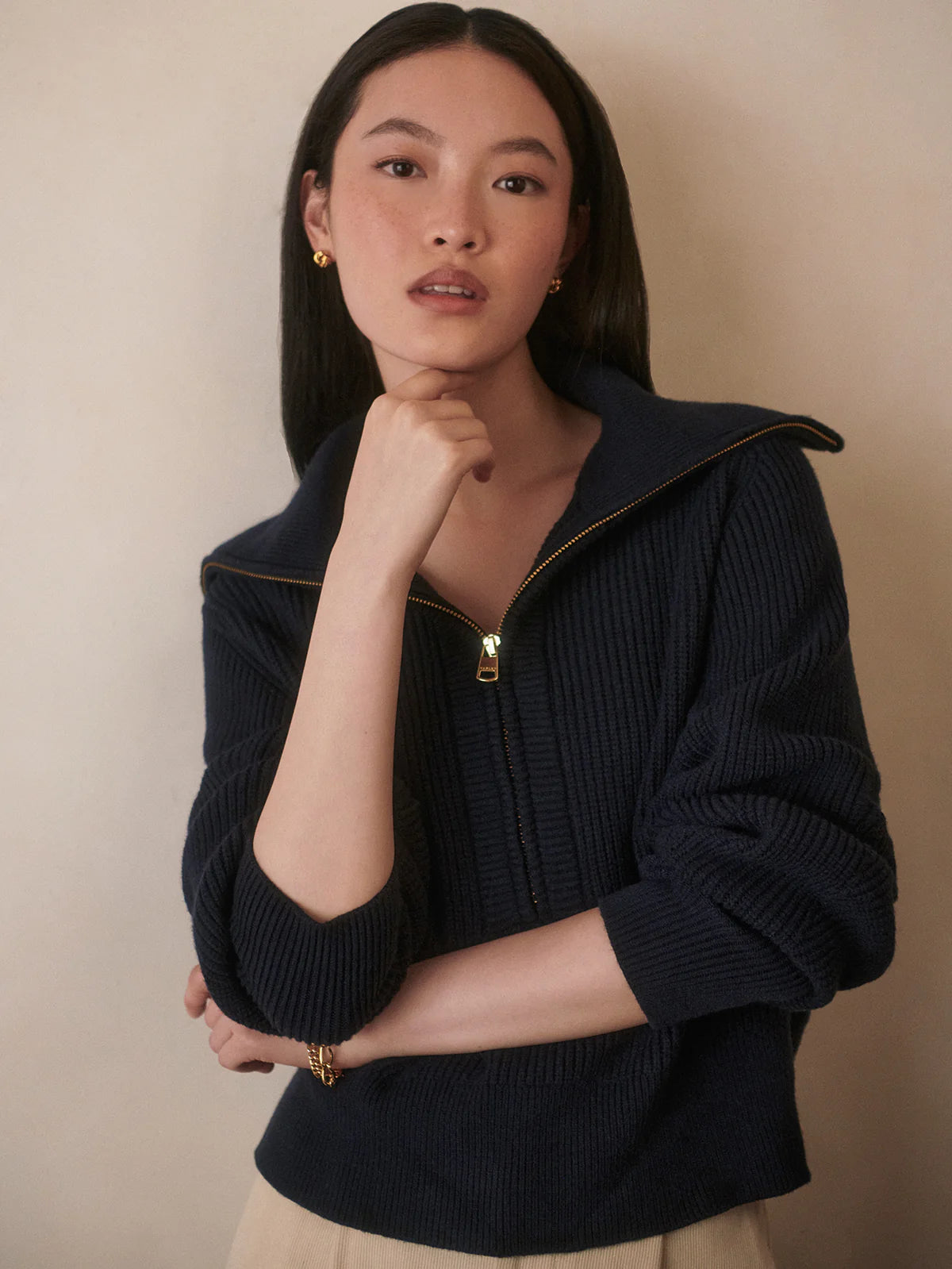 Maura Half Zip Rib Knit in Navy