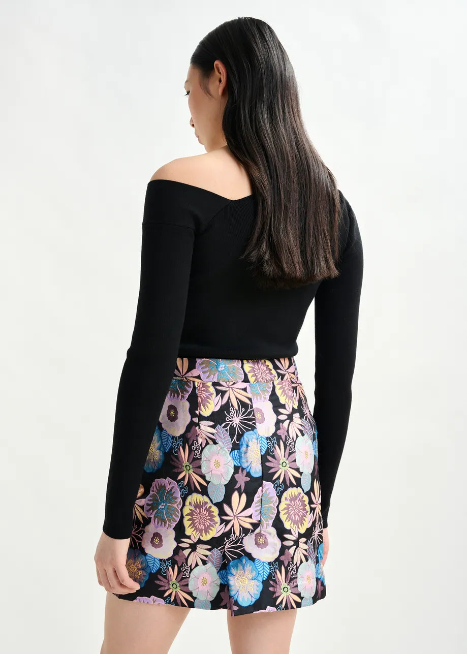 Floral Jacquard Mini Skirt with Sequin Bead Embellishments