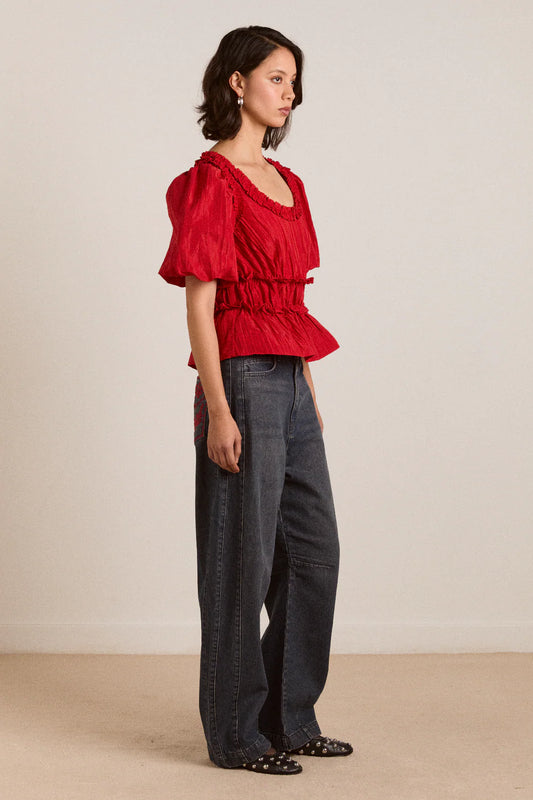 Everly Ruffle Blouse in Red Tafetta