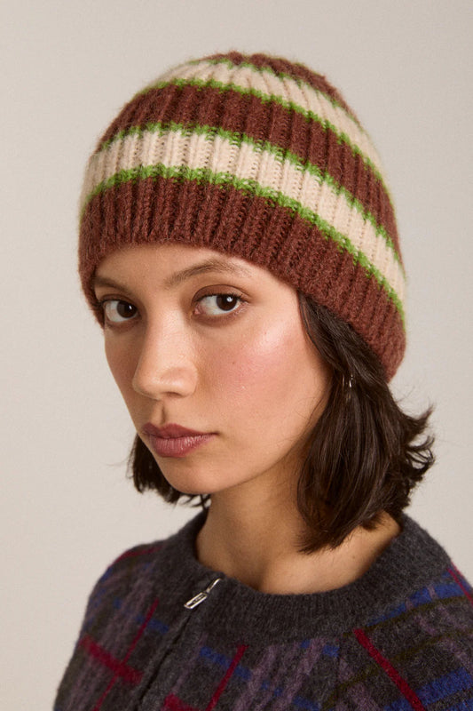 Stripe Beanie in Oat/Burg/Lime