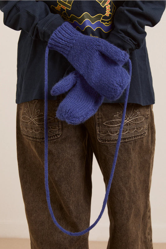 Cable Knit String Mittens in Cobalt Blue