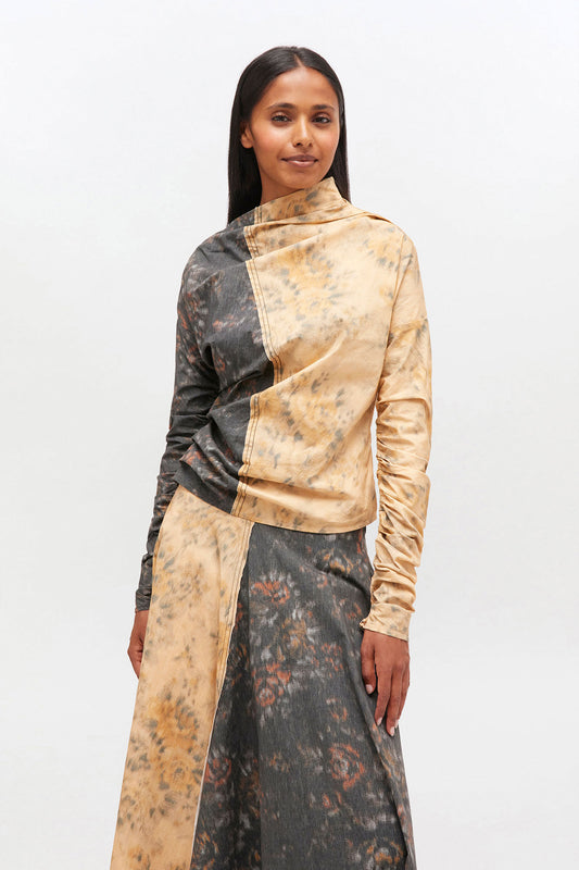 Ruched Top in Black and Beige