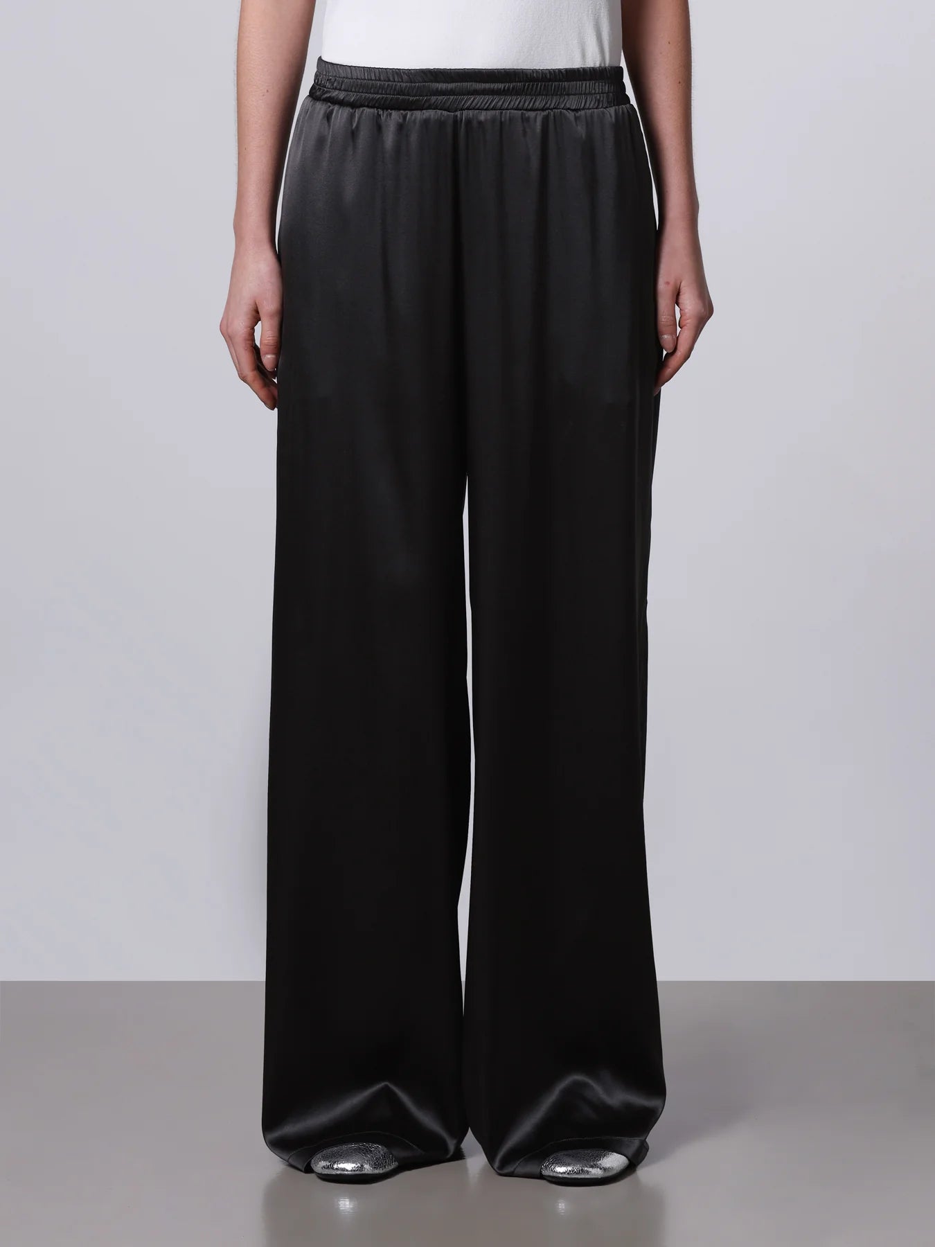 Elasticated Wide Leg Silk Pants in Black