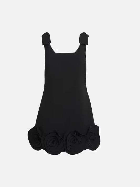 Crepe 3D Flower Mini Dress in Black