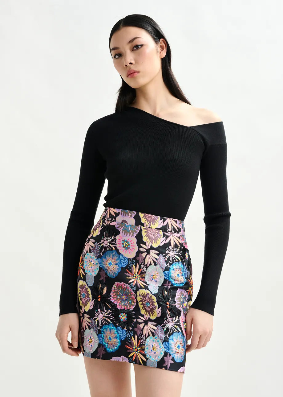Floral Jacquard Mini Skirt with Sequin Bead Embellishments