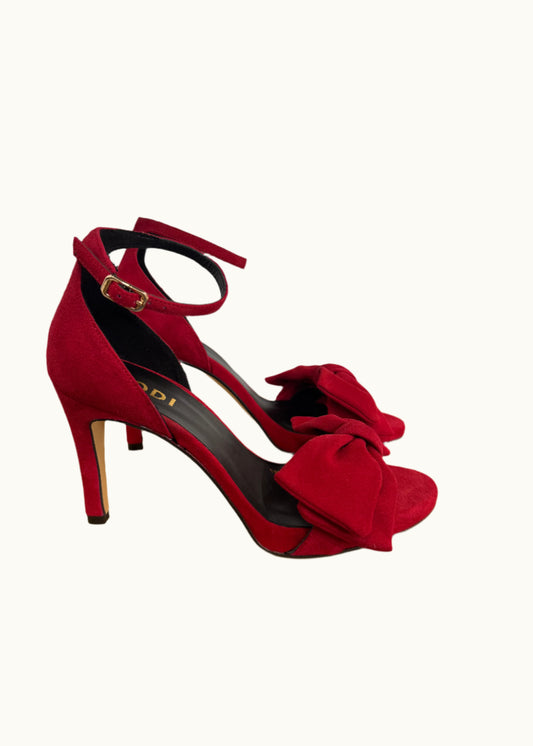 Ingal Bow Detail Ankle Strap Sandal in Red Suede