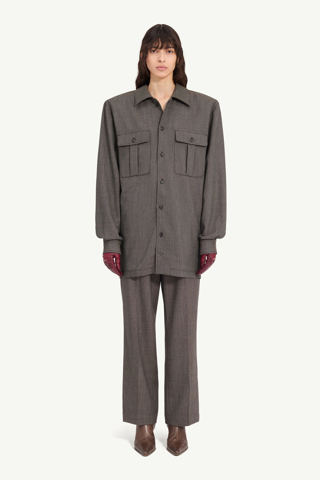 Tweed Shirt Dress in Brown and Beige