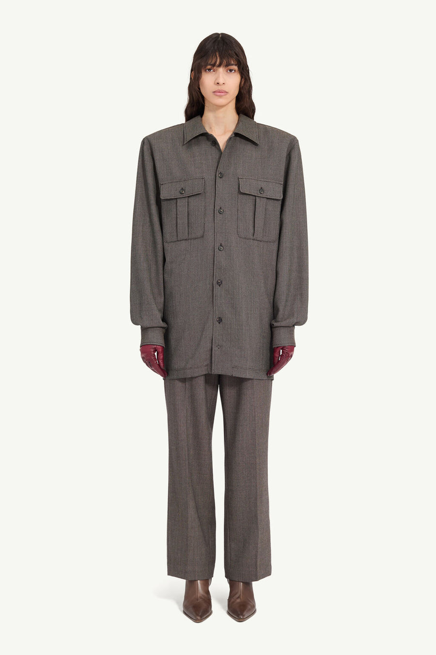 Tweed Shirt Dress in Brown and Beige