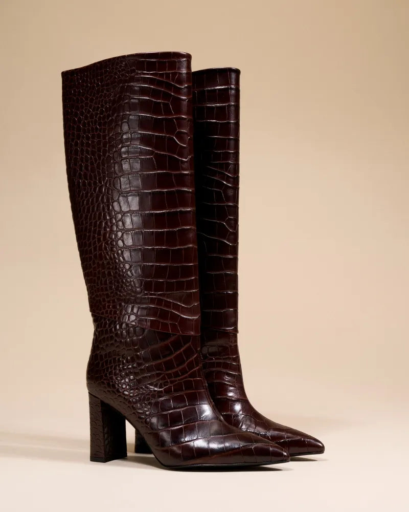 Wassily Boots with High Block Heel in Chocolate Crocodile Leather