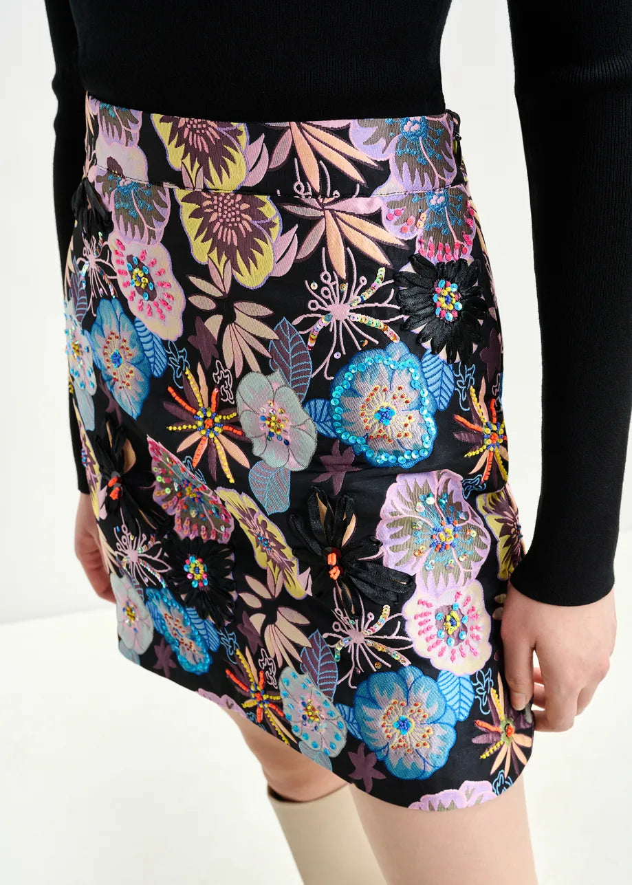 Floral Jacquard Mini Skirt with Sequin Bead Embellishments