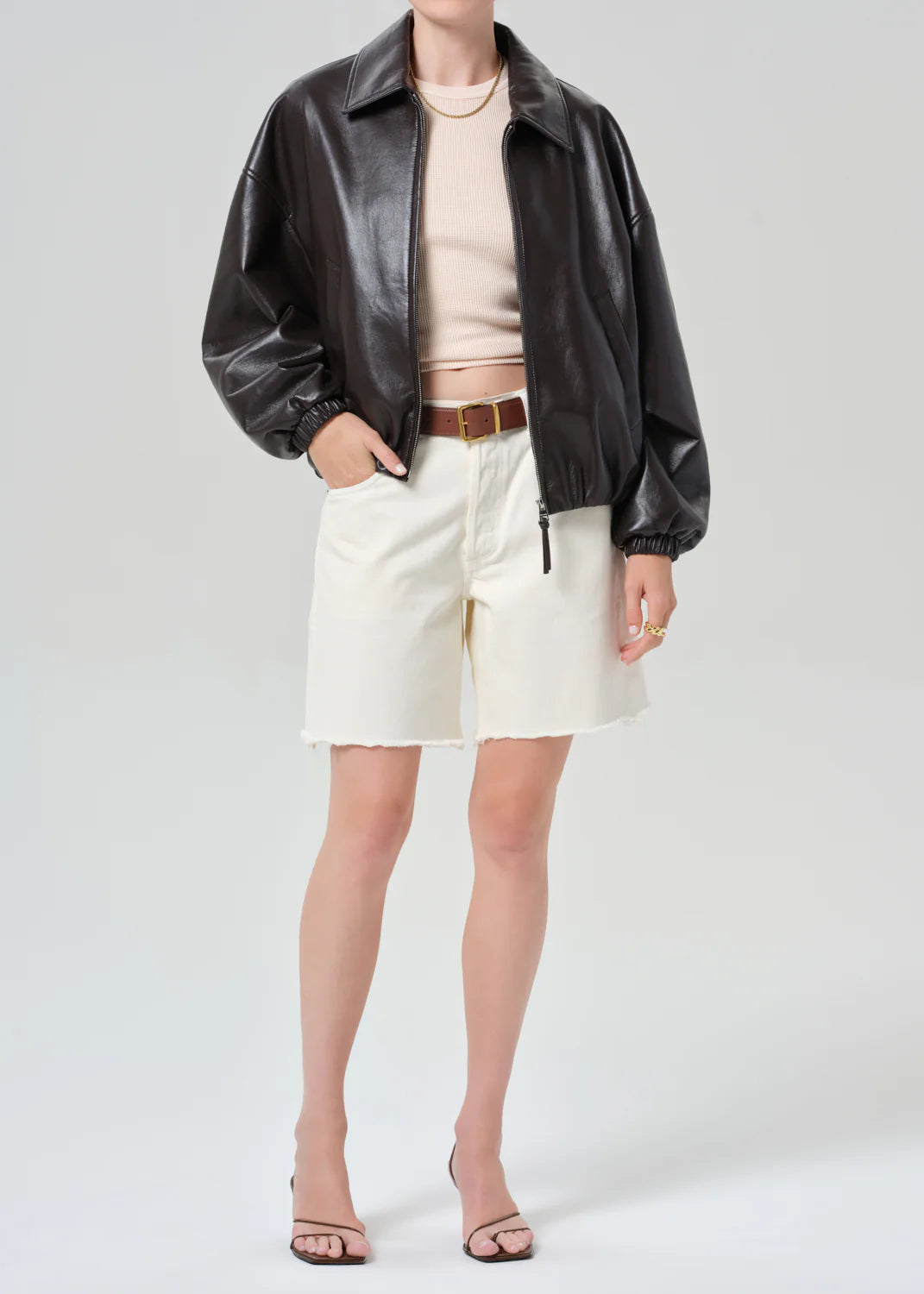 Bubble Hem Leather Bomber Jacket in Chocolate Dark Brown