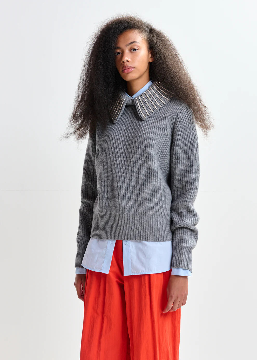 Knitted Sweater with Embellished Collar in Grey Melange