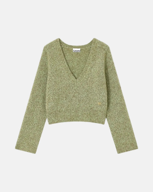 Brushed Mohair V-Neck Sweater in Green