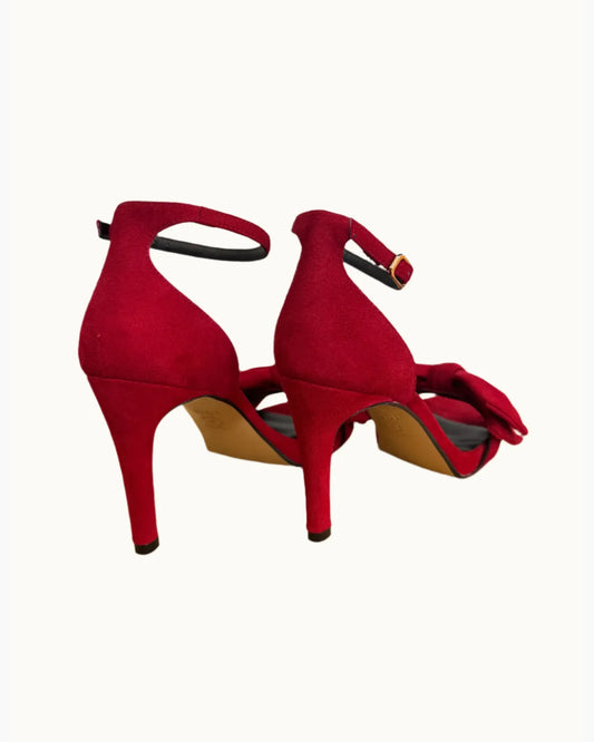 Ingal Bow Detail Ankle Strap Sandal in Red Suede