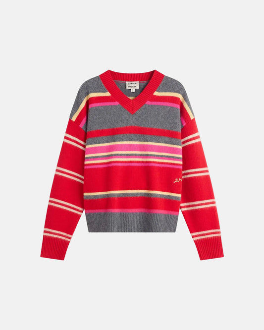 Rene Merino Wool V Jumper in Pink/Red Stripe