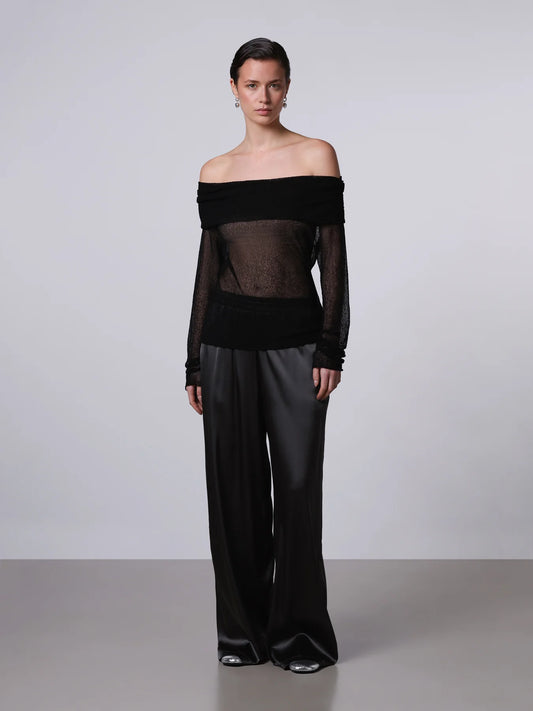 Openwork Lace-Effect Off-Shoulder Top in Black
