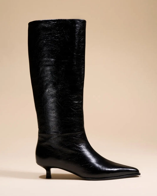 Vivienne Low Heeled Boots with Pointed Toes in Crinkled Black Leather