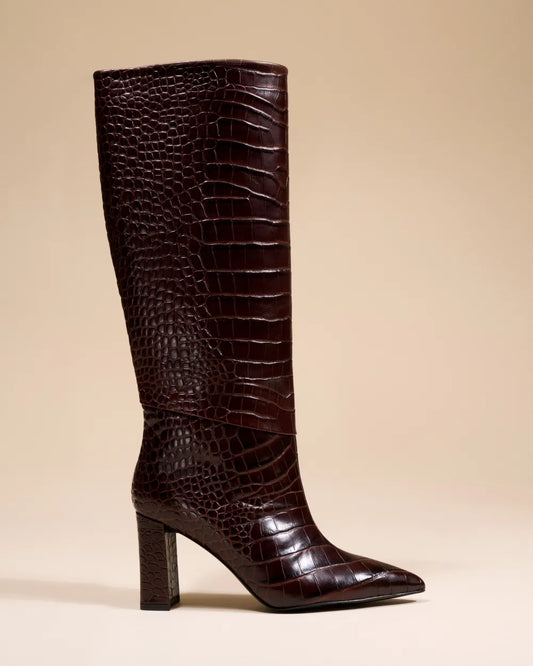 Wassily Boots with High Block Heel in Chocolate Crocodile Leather