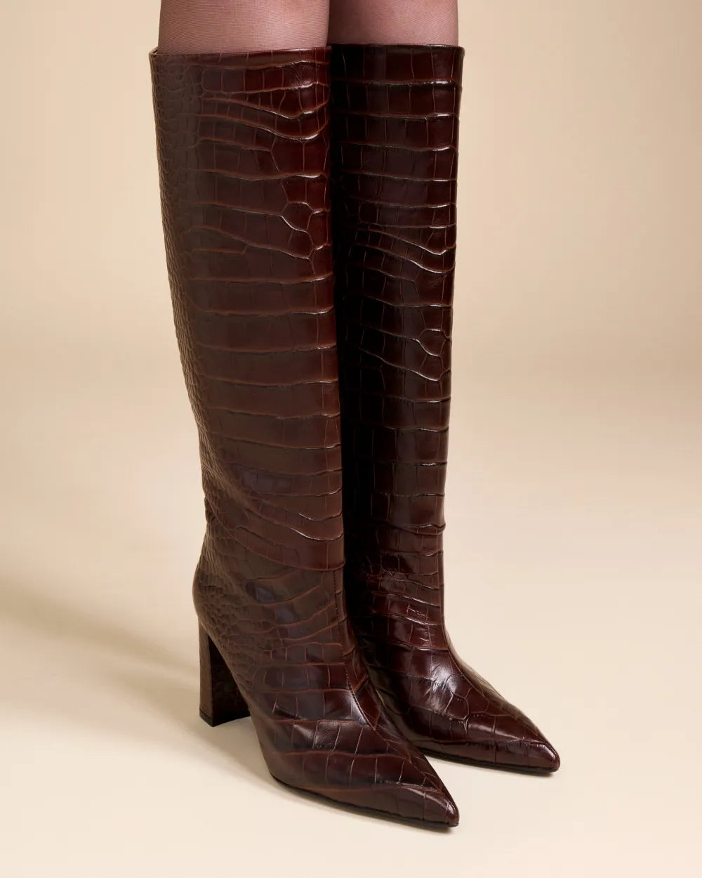 Wassily Boots with High Block Heel in Chocolate Crocodile Leather