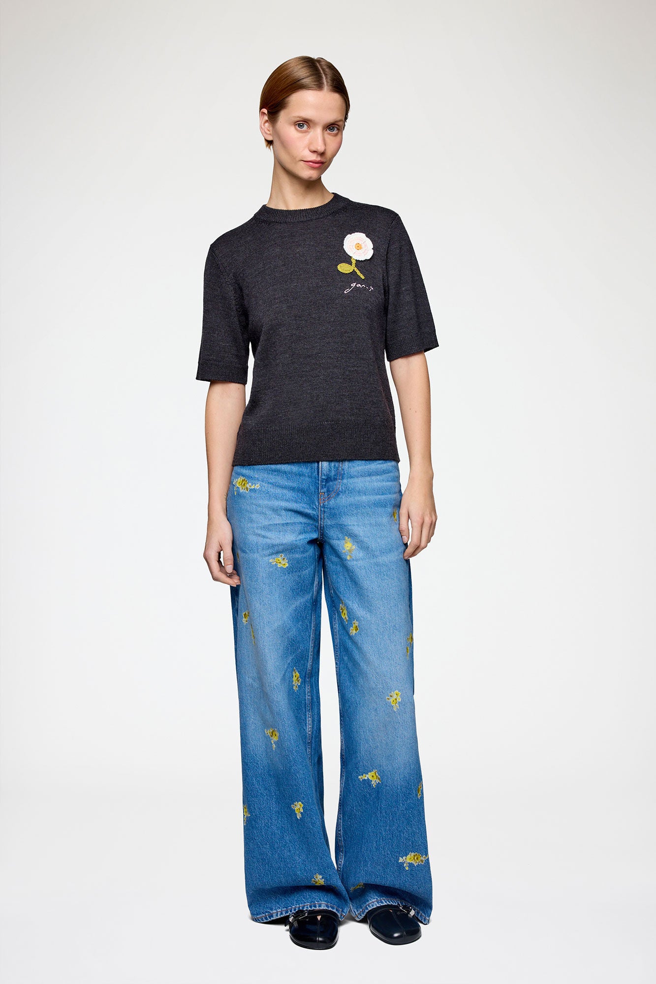 Crochet Applique Merino Tee in Phantom