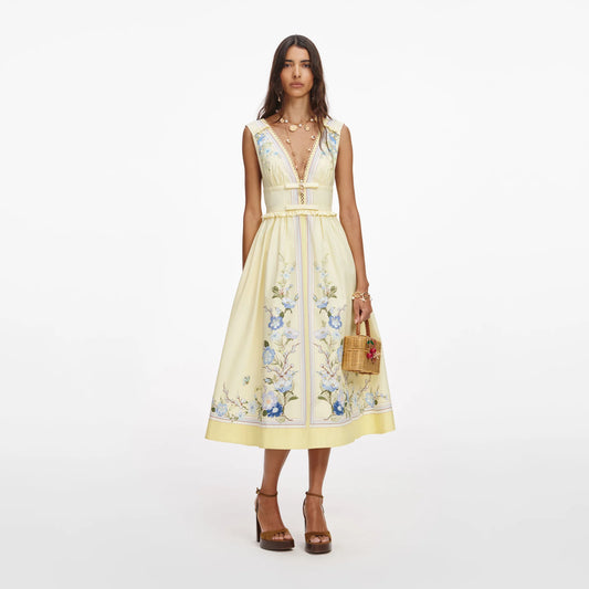 Floral Cotton Midi Dress in Yellow