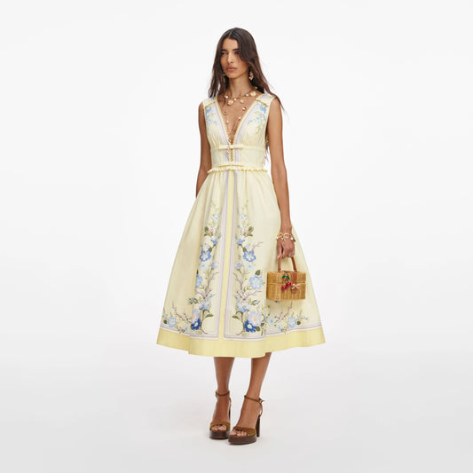 Floral Cotton Midi Dress in Yellow
