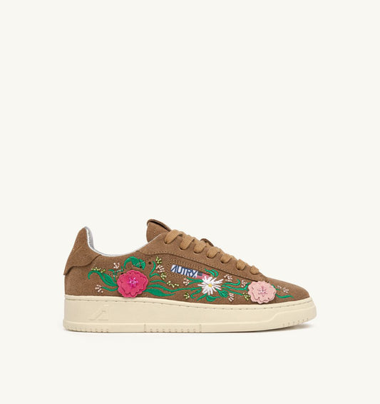 Floral Dallas Low Sneakers in Brown Suede with Pink Embroidery