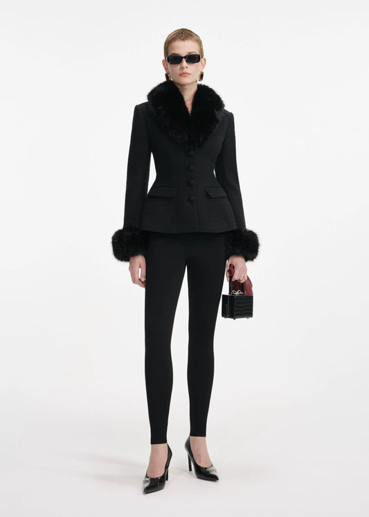 Black Tailored Boucle Fur Jacket in Black