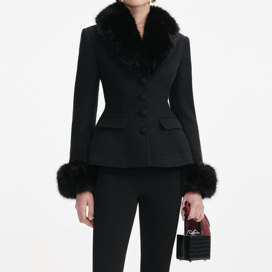 Black Tailored Boucle Fur Jacket in Black