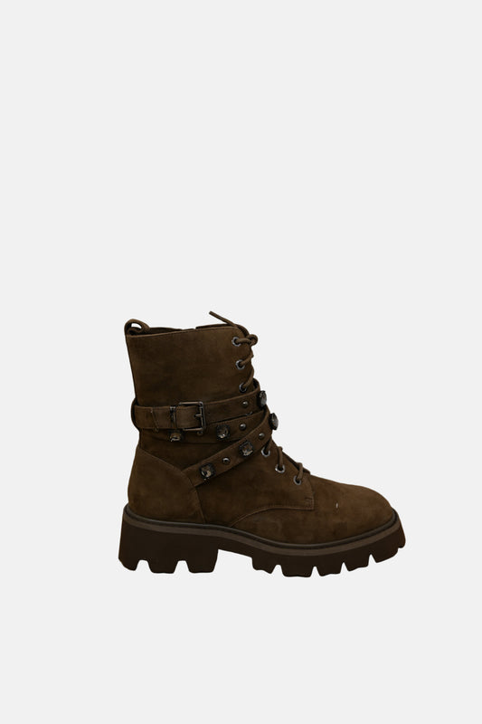 Chunky Buckle Boot in Camel Suede